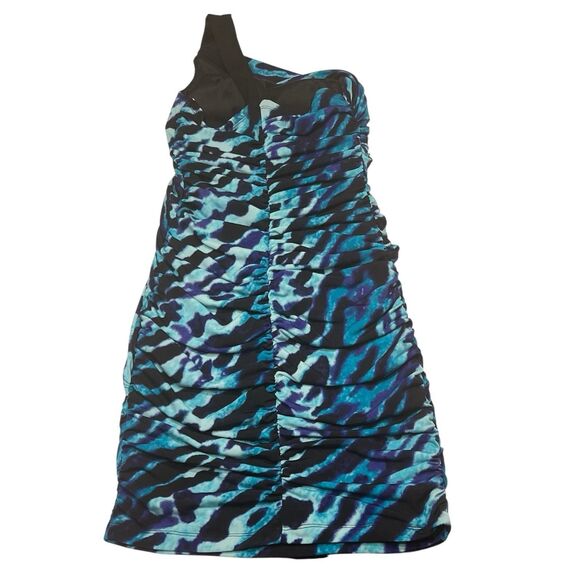 City Triangles Beaded One Shoulder Ruched Cocktail Dress Blue Animal Print S - Picture 3 of 12